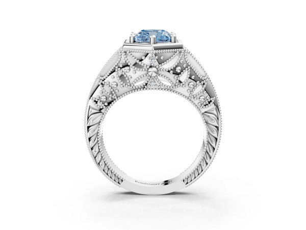 Platinum Hexagon Bezel Fancy Blue Cushion Cut Diamond Milgrain Split Shank Ring