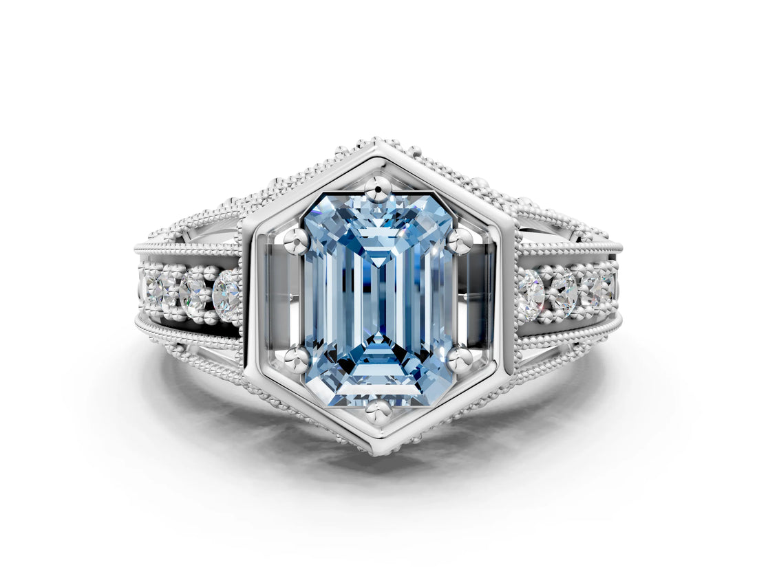 Platinum Hexagon Bezel Fancy Blue Emerald Cut Diamond Milgrain Split Shank Ring_6
