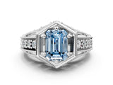 Platinum Hexagon Bezel Fancy Blue Emerald Cut Diamond Milgrain Split Shank Ring_6