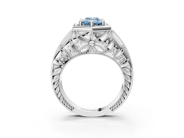 Platinum Hexagon Bezel Fancy Blue Emerald Cut Diamond Milgrain Split Shank Ring