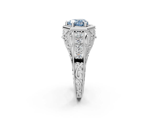 Platinum Hexagon Bezel Fancy Blue Heart Cut Diamond Milgrain Split Shank Ring