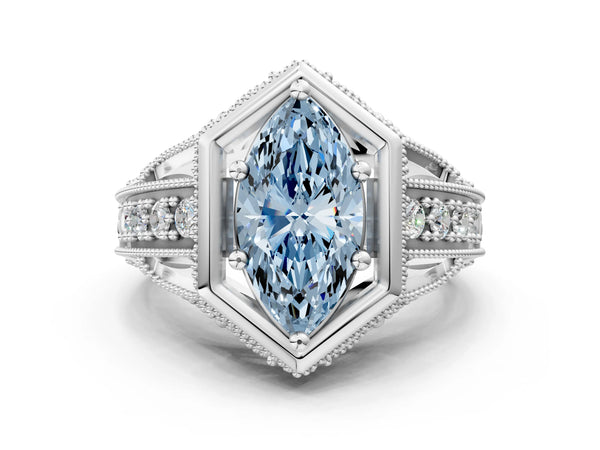 Platinum Hexagon Bezel Fancy Blue Marquise Cut Diamond Milgrain Split Shank Ring
