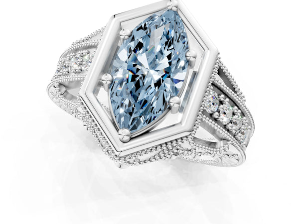 Platinum Hexagon Bezel Fancy Blue Marquise Cut Diamond Milgrain Split Shank Ring