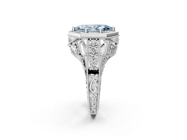 Platinum Hexagon Bezel Fancy Blue Marquise Cut Diamond Milgrain Split Shank Ring