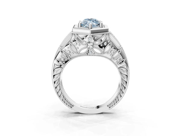 Platinum Hexagon Bezel Fancy Blue Marquise Cut Diamond Milgrain Split Shank Ring