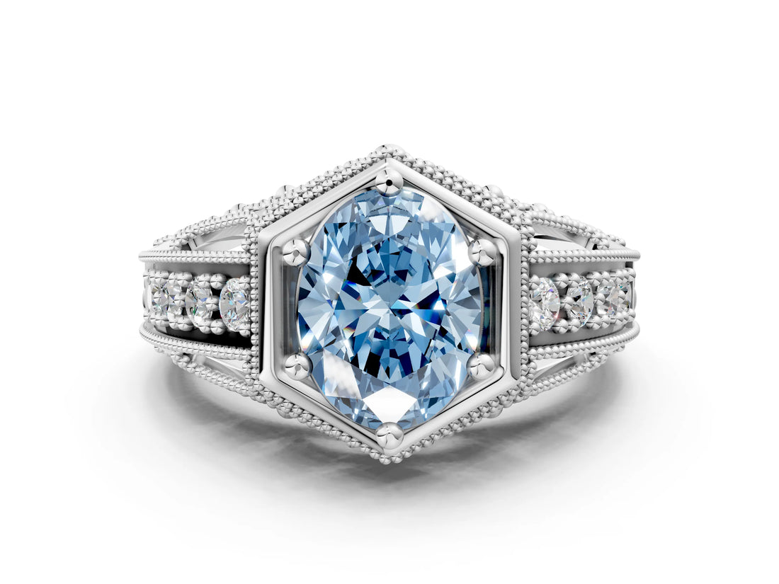 Platinum Hexagon Bezel Fancy Blue Oval Cut Diamond Milgrain Split Shank Ring_6