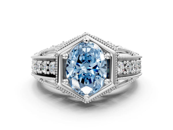 Platinum Hexagon Bezel Fancy Blue Oval Cut Diamond Milgrain Split Shank Ring