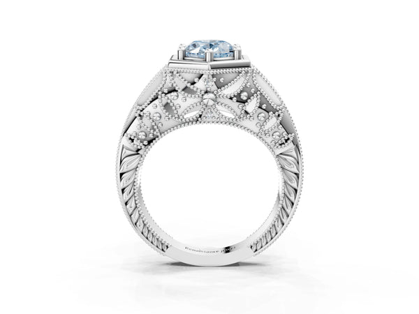Platinum Hexagon Bezel Fancy Blue Oval Cut Diamond Milgrain Split Shank Ring