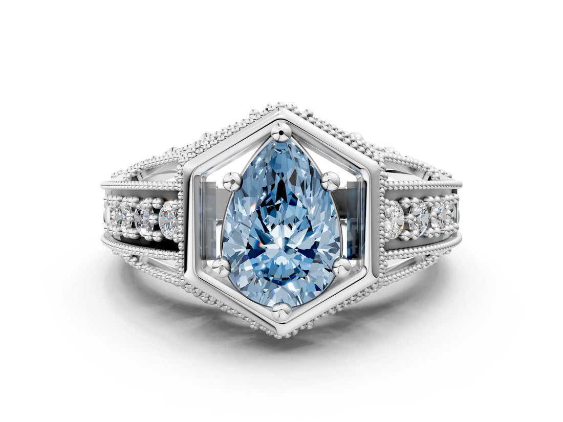 Platinum Hexagon Bezel Fancy Blue Pear Cut Diamond Milgrain Split Shank Ring_84