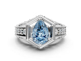 Platinum Hexagon Bezel Fancy Blue Pear Cut Diamond Milgrain Split Shank Ring_84