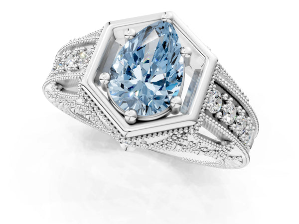 Platinum Hexagon Bezel Fancy Blue Pear Cut Diamond Milgrain Split Shank Ring