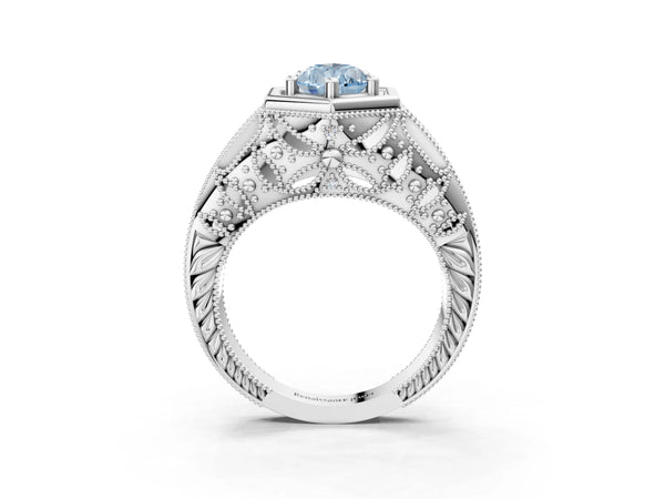 Platinum Hexagon Bezel Fancy Blue Pear Cut Diamond Milgrain Split Shank Ring