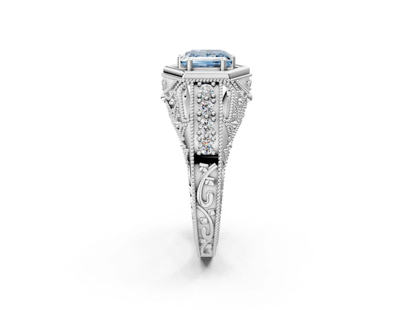 Platinum Hexagon Bezel Fancy Blue Princess Cut Diamond Milgrain Split Shank Ring