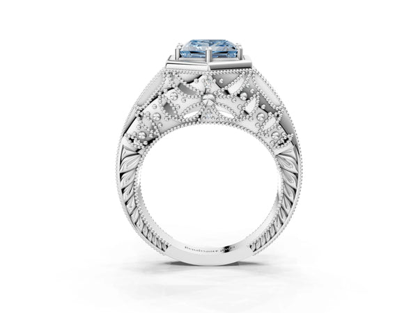 Platinum Hexagon Bezel Fancy Blue Princess Cut Diamond Milgrain Split Shank Ring