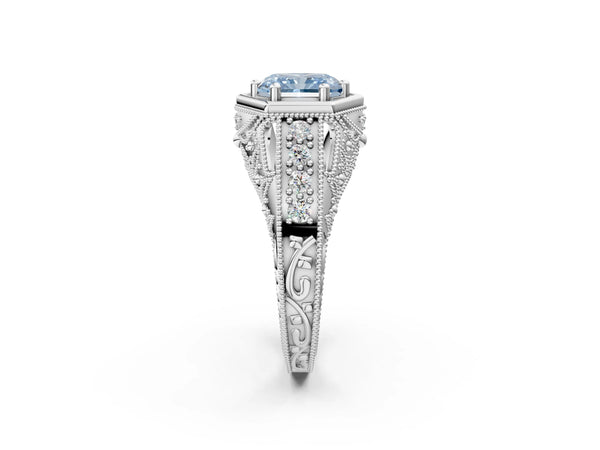 Platinum Hexagon Bezel Fancy Blue Radiant Cut Diamond Milgrain Split Shank Ring