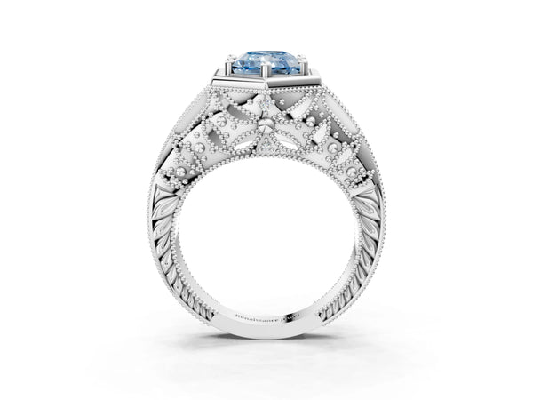 Platinum Hexagon Bezel Fancy Blue Radiant Cut Diamond Milgrain Split Shank Ring