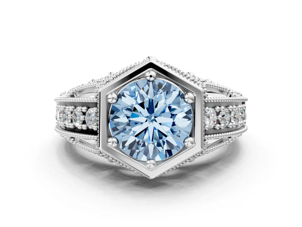 Platinum Hexagon Bezel Fancy Blue Round Cut Diamond Milgrain Split Shank Ring