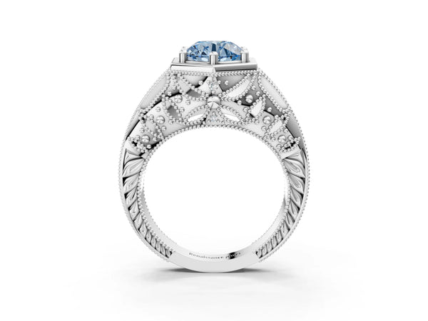 Platinum Hexagon Bezel Fancy Blue Round Cut Diamond Milgrain Split Shank Ring
