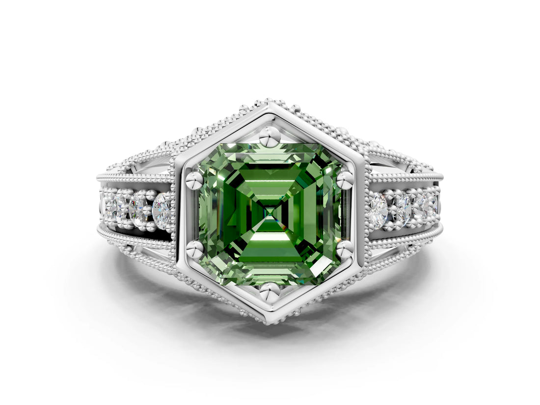 Platinum Hexagon Bezel Fancy Green Asscher Cut Diamond Milgrain Split Shank Ring_12