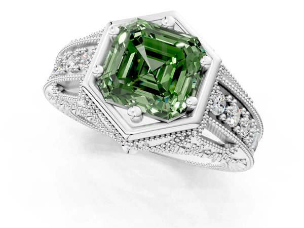 Platinum Hexagon Bezel Fancy Green Asscher Cut Diamond Milgrain Split Shank Ring