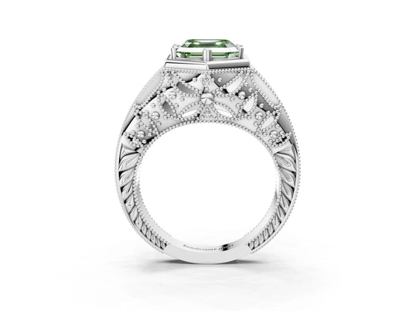 Platinum Hexagon Bezel Fancy Green Asscher Cut Diamond Milgrain Split Shank Ring