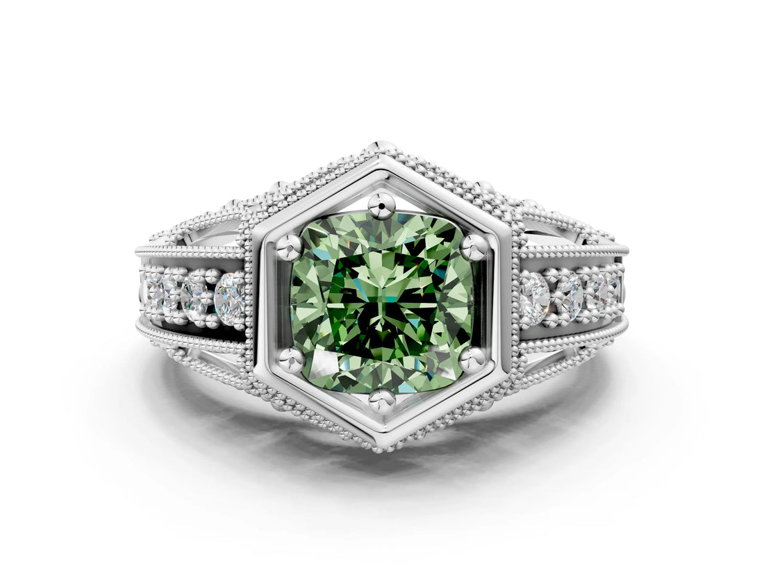 Platinum Hexagon Bezel Fancy Green Cushion Cut Diamond Milgrain Split Shank Ring_6