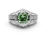 Platinum Hexagon Bezel Fancy Green Cushion Cut Diamond Milgrain Split Shank Ring_6