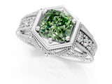 Platinum Hexagon Bezel Fancy Green Cushion Cut Diamond Milgrain Split Shank Ring_7