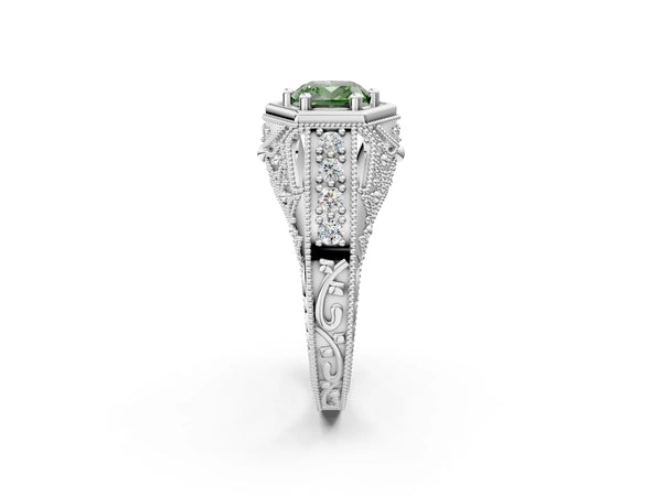 Platinum Hexagon Bezel Fancy Green Cushion Cut Diamond Milgrain Split Shank Ring
