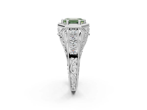 Platinum Hexagon Bezel Fancy Green Emerald Cut Diamond Milgrain Split Shank Ring