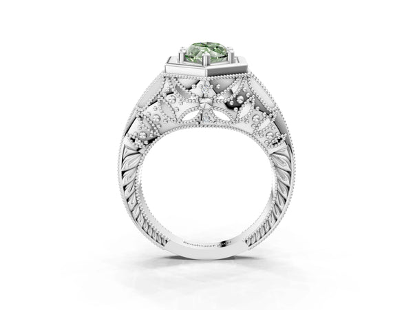 Platinum Hexagon Bezel Fancy Green Marquise Cut Diamond Milgrain Split Shank Ring