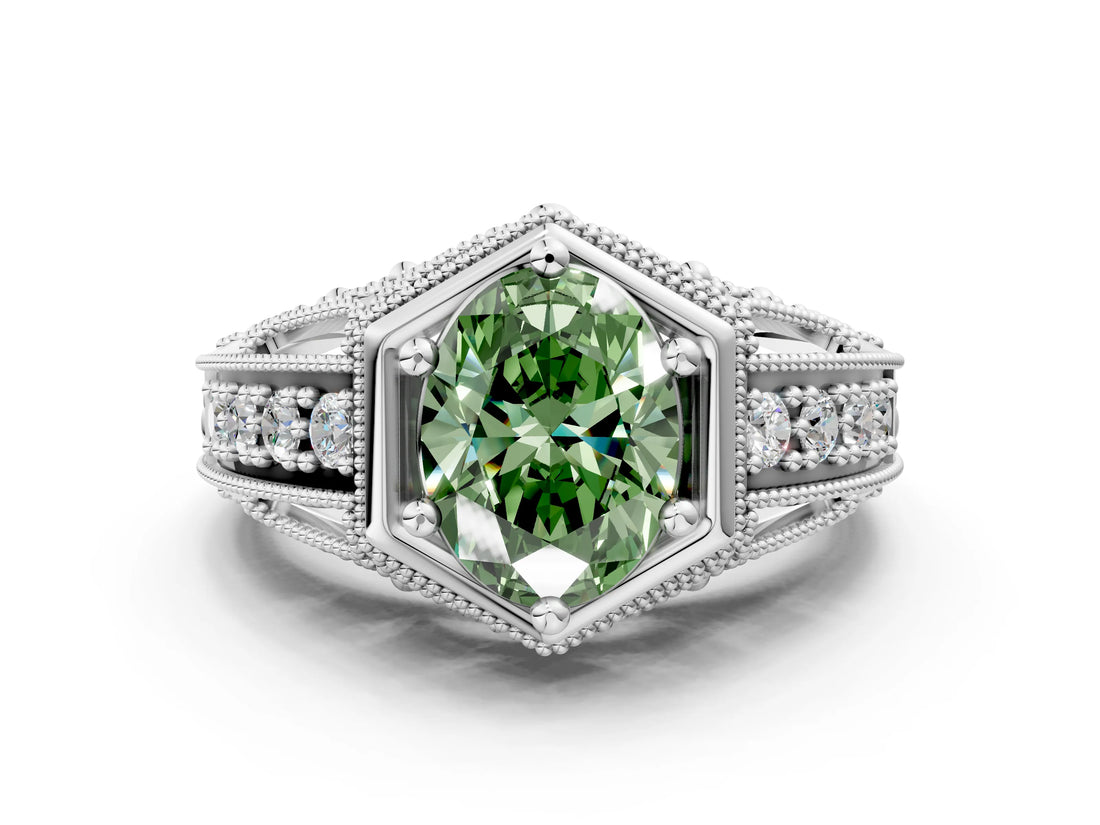 Platinum Hexagon Bezel Fancy Green Oval Cut Diamond Milgrain Split Shank Ring_12