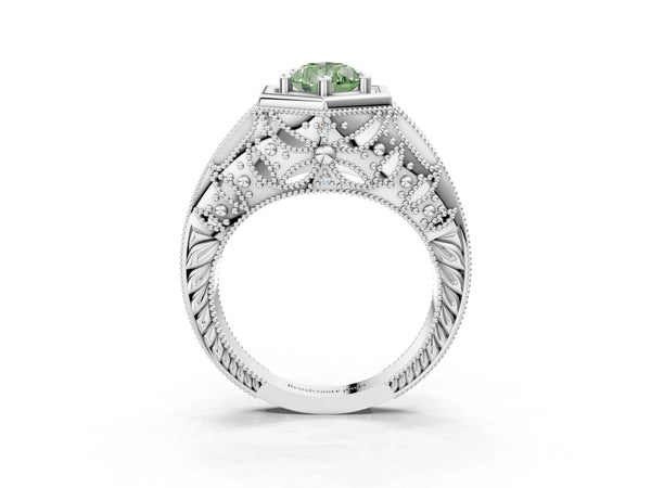Platinum Hexagon Bezel Fancy Green Pear Cut Diamond Milgrain Split Shank Ring