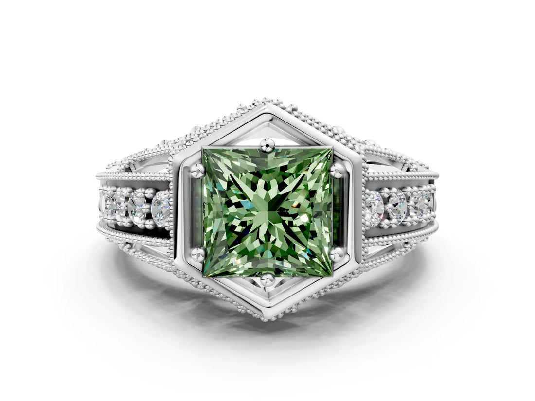Platinum Hexagon Bezel Fancy Green Princess Cut Diamond Milgrain Split Shank Ring_6