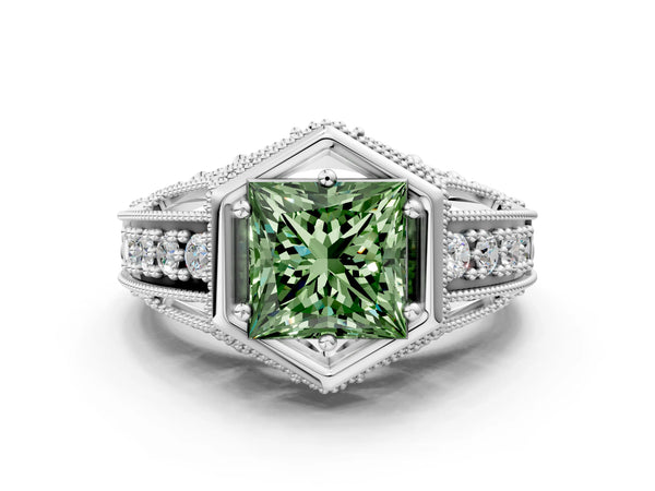 Platinum Hexagon Bezel Fancy Green Princess Cut Diamond Milgrain Split Shank Ring