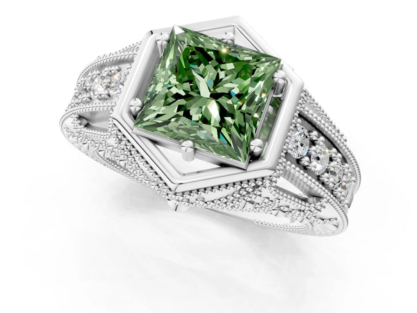 Platinum Hexagon Bezel Fancy Green Princess Cut Diamond Milgrain Split Shank Ring