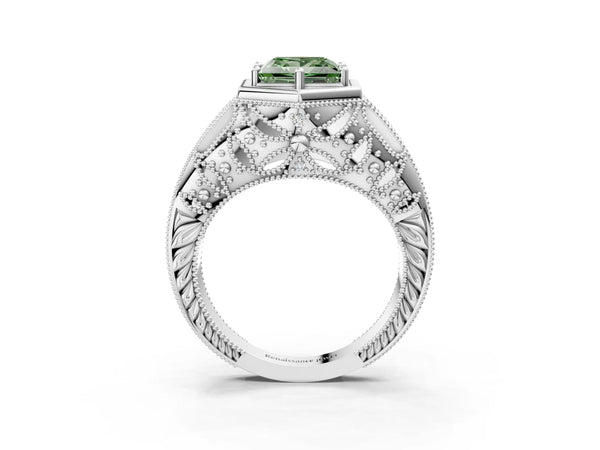 Platinum Hexagon Bezel Fancy Green Princess Cut Diamond Milgrain Split Shank Ring