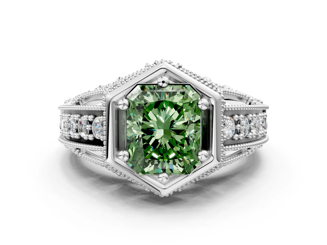 Platinum Hexagon Bezel Fancy Green Radiant Cut Diamond Milgrain Split Shank Ring_36