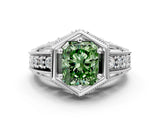 Platinum Hexagon Bezel Fancy Green Radiant Cut Diamond Milgrain Split Shank Ring_36