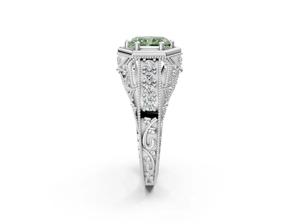 Platinum Hexagon Bezel Fancy Green Radiant Cut Diamond Milgrain Split Shank Ring