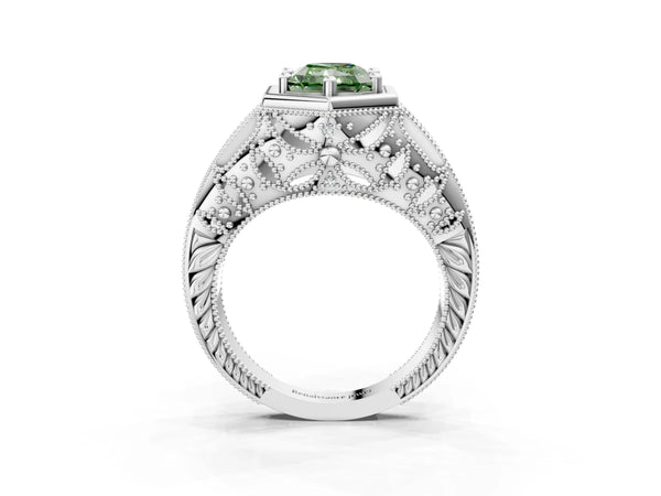 Platinum Hexagon Bezel Fancy Green Radiant Cut Diamond Milgrain Split Shank Ring