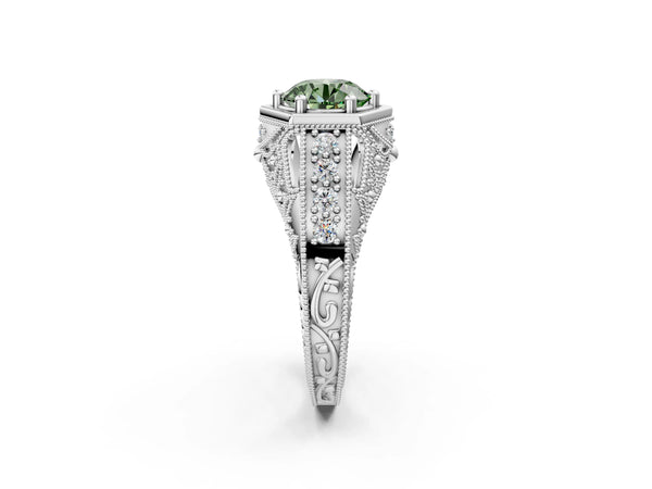 Platinum Hexagon Bezel Fancy Green Round Cut Diamond Milgrain Split Shank Ring