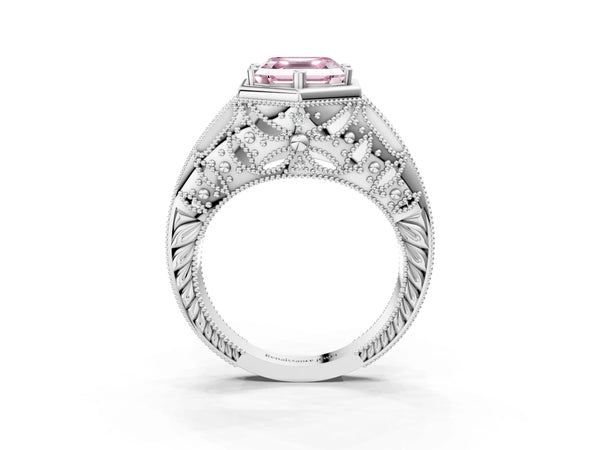 Platinum Hexagon Bezel Fancy Pink Asscher Cut Diamond Milgrain Split Shank Ring