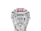 Platinum Hexagon Bezel Fancy Pink Cushion Cut Diamond Milgrain Split Shank Ring_89