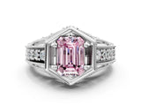 Platinum Hexagon Bezel Fancy Pink Emerald Cut Diamond Milgrain Split Shank Ring_12