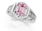 Platinum Hexagon Bezel Fancy Pink Emerald Cut Diamond Milgrain Split Shank Ring_13