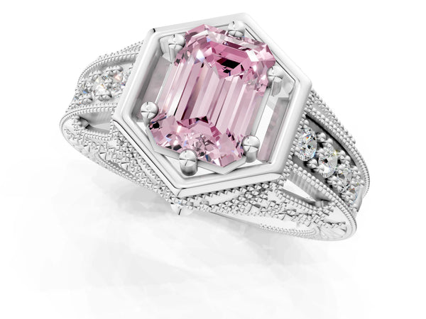 Platinum Hexagon Bezel Fancy Pink Emerald Cut Diamond Milgrain Split Shank Ring
