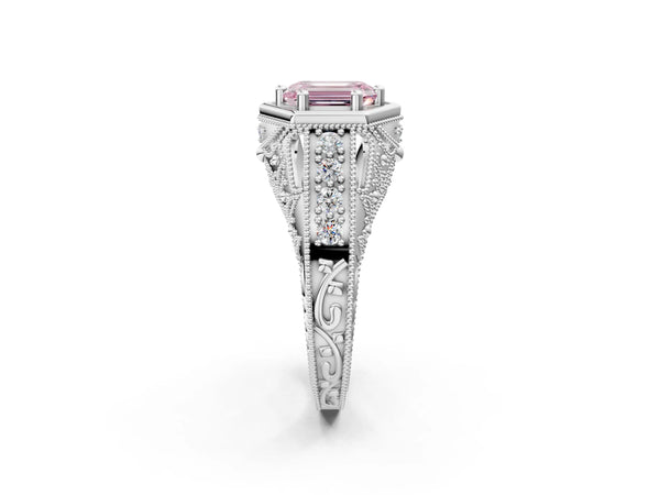 Platinum Hexagon Bezel Fancy Pink Emerald Cut Diamond Milgrain Split Shank Ring