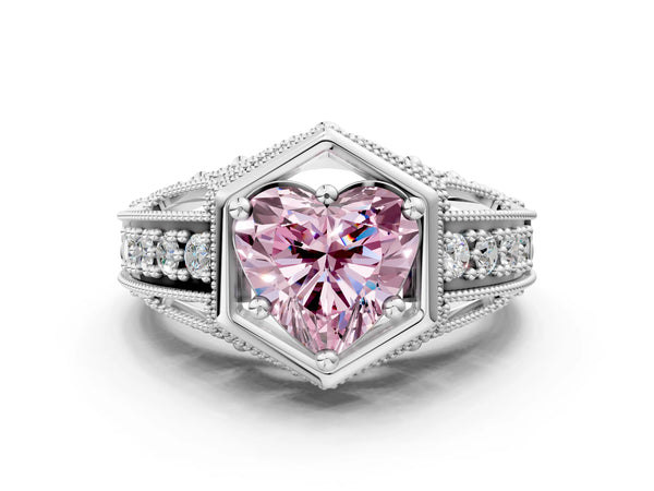 Platinum Hexagon Bezel Fancy Pink Heart Cut Diamond Milgrain Split Shank Ring