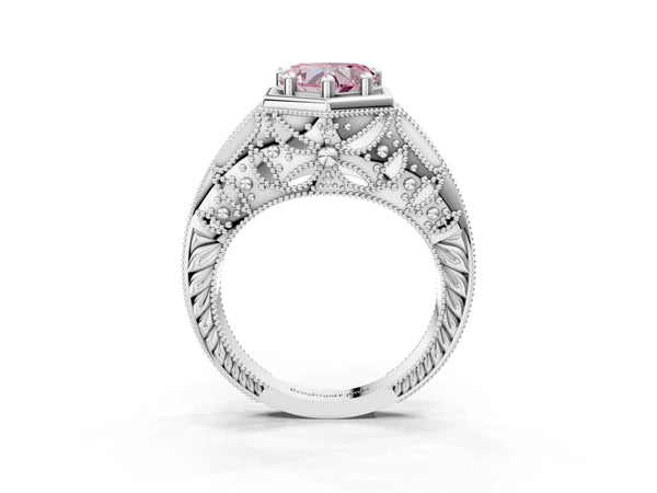 Platinum Hexagon Bezel Fancy Pink Heart Cut Diamond Milgrain Split Shank Ring